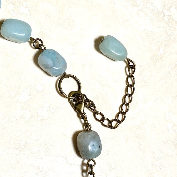 Natural Light Teal Amazonite Necklace, Bronze Slim Mushroom + Genuine Gemstone - Picture 10 of 12